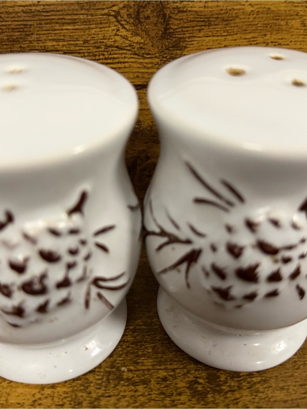 Vintage White Ceramic Salt & Pepper Shakers with Brown Pine cone Motif